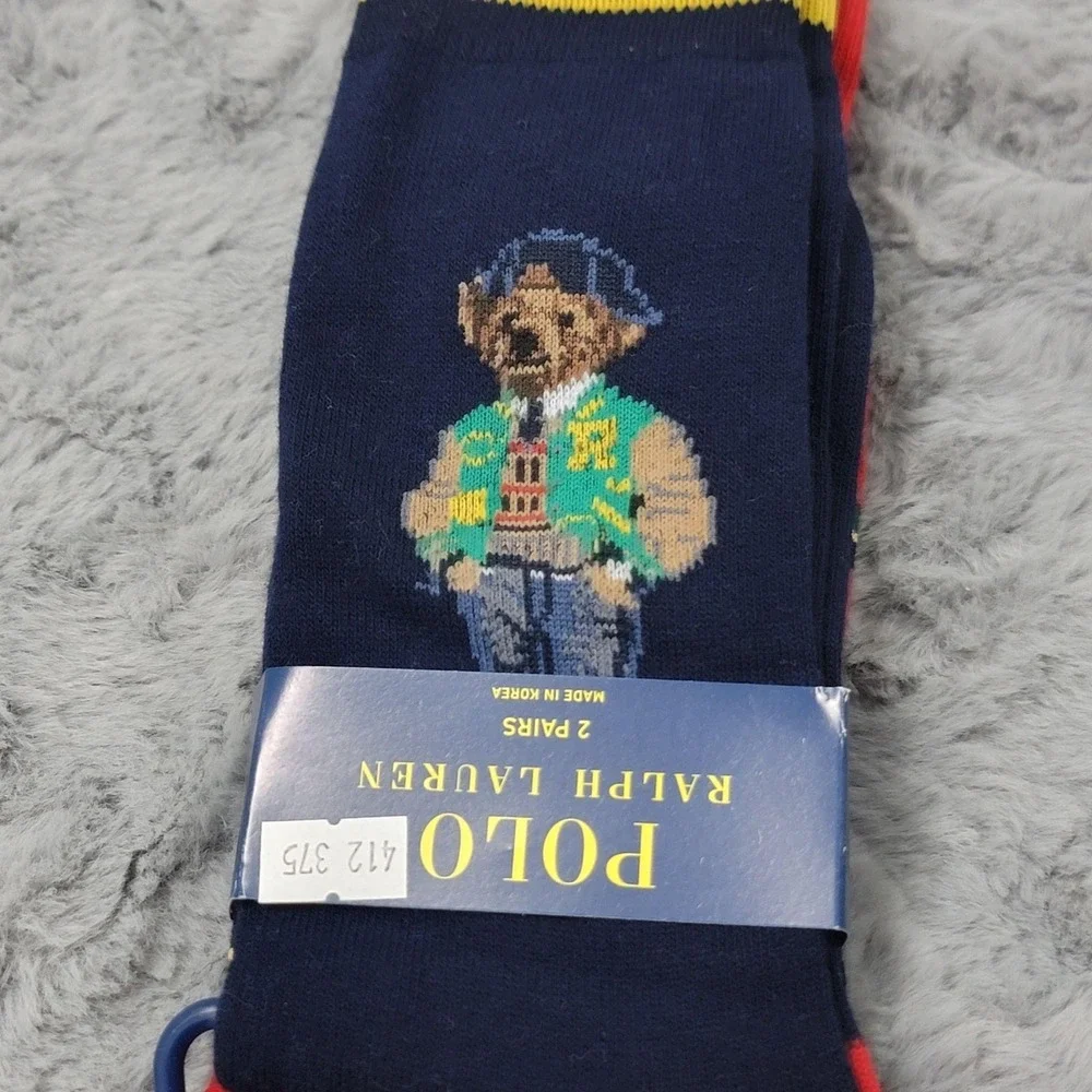 Polo Ralph Lauren Socks Mens 10-13 Navy Red Preppy Bear Stripe 2 Pack Mid Calf